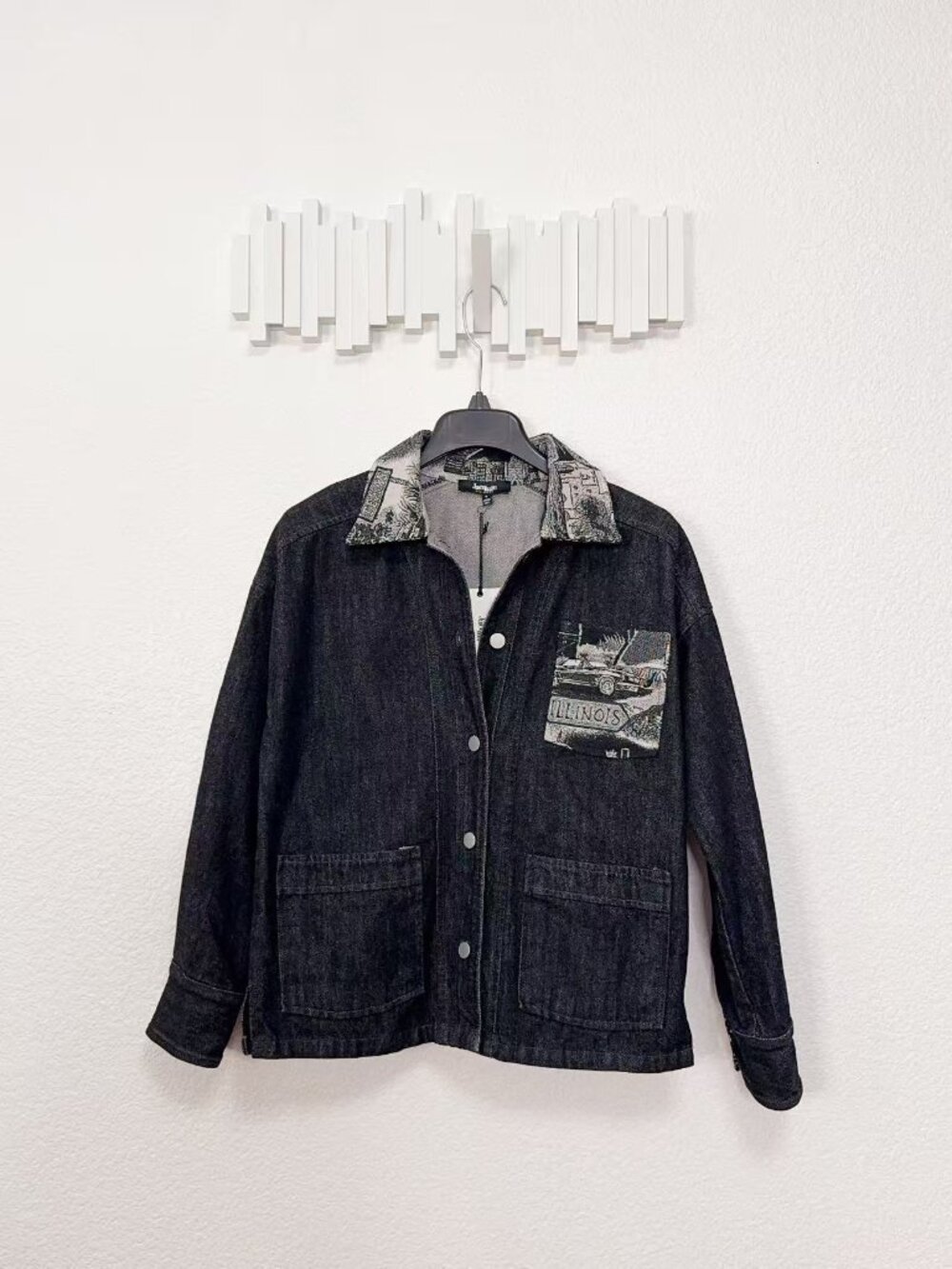 Jacquie The Label Vanessa Black Denim Chore Jacket Tapestry Collar Utility Coat
